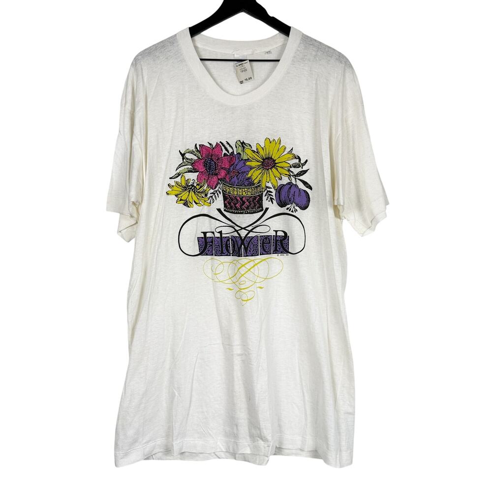 Vintage Unbranded 1991 Flower Print T-Shirt White Mens - XXL 2XL